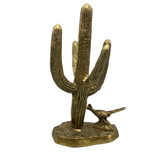 Vintage Brass Saguaro Cactus Roadrunner Statue Southwestern Decor 60s MCM - Picture 3 of 7